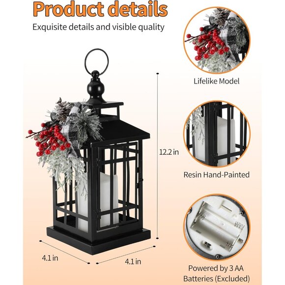 New Metal Black Christmas Lantern with Flameless Candle, Rustic Holiday Decor - Picture 6 of 7